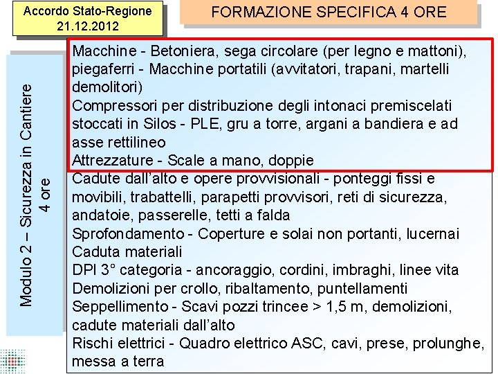 Modulo 2 – Sicurezza in Cantiere 4 ore Accordo Stato-Regione 21. 12. 2012 FORMAZIONE