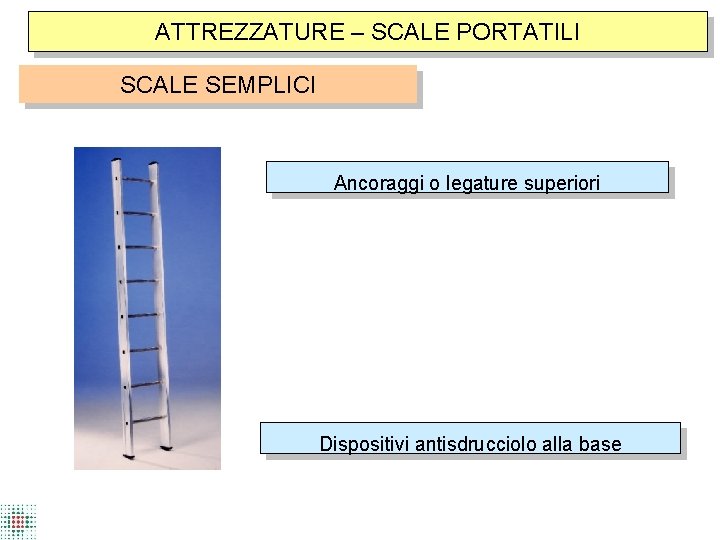 ATTREZZATURE – SCALE PORTATILI SCALE SEMPLICI Ancoraggi o legature superiori Dispositivi antisdrucciolo alla base