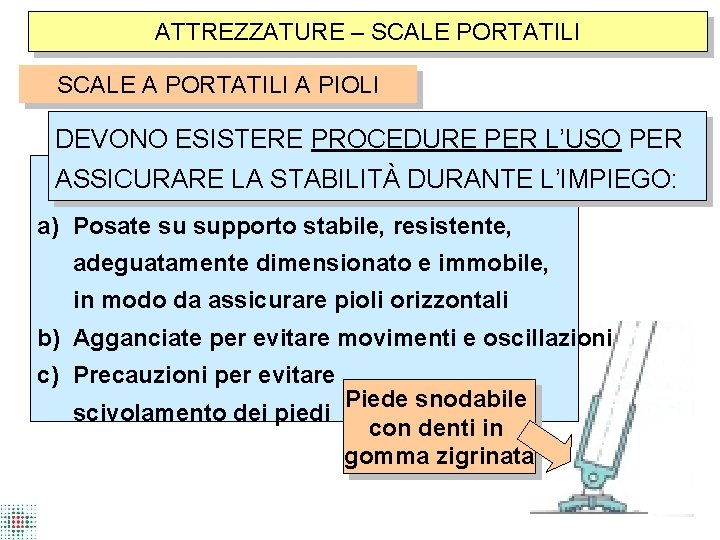 ATTREZZATURE – SCALE PORTATILI SCALE A PORTATILI A PIOLI DEVONO ESISTERE PROCEDURE PER L’USO