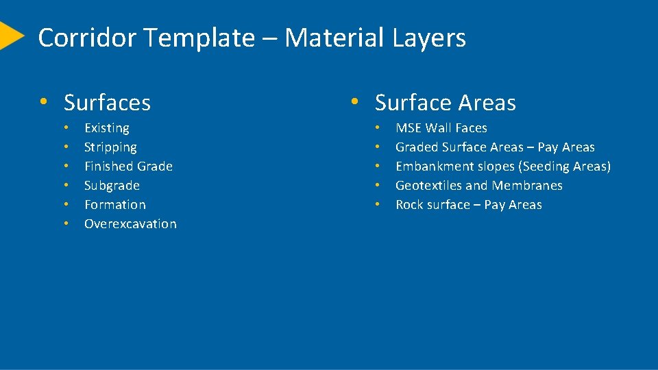 Corridor Template – Material Layers • Surfaces • • • Existing Stripping Finished Grade