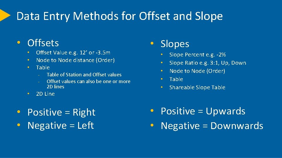 Data Entry Methods for Offset and Slope • Offsets • • • Offset Value