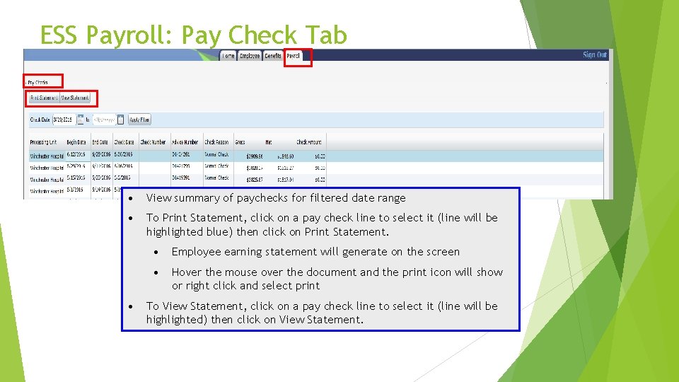 ESS Payroll: Pay Check Tab • View summary of paychecks for filtered date range