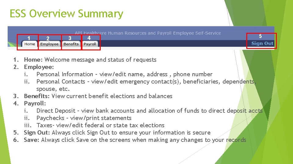 ESS Overview Summary 1 2 3 4 5 1. Home: Welcome message and status
