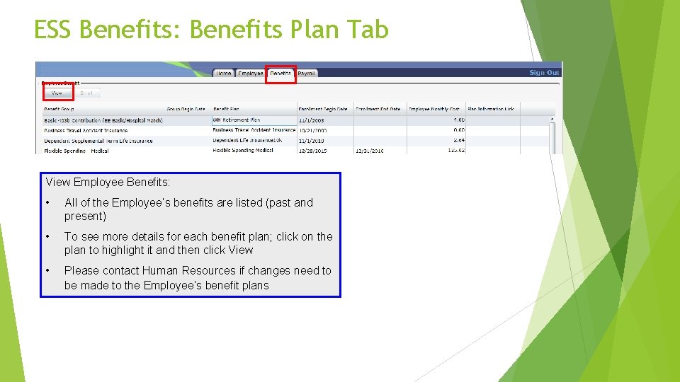 ESS Benefits: Benefits Plan Tab View Employee Benefits: • All of the Employee’s benefits