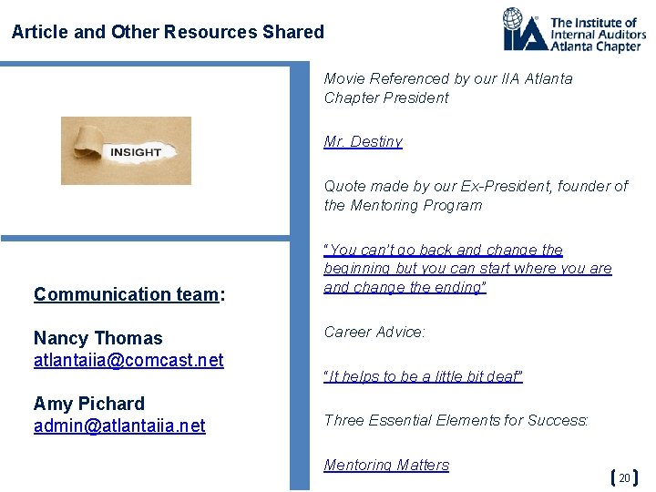 Article and Other Resources Shared Movie Referenced by our IIA Atlanta Chapter President Mr.