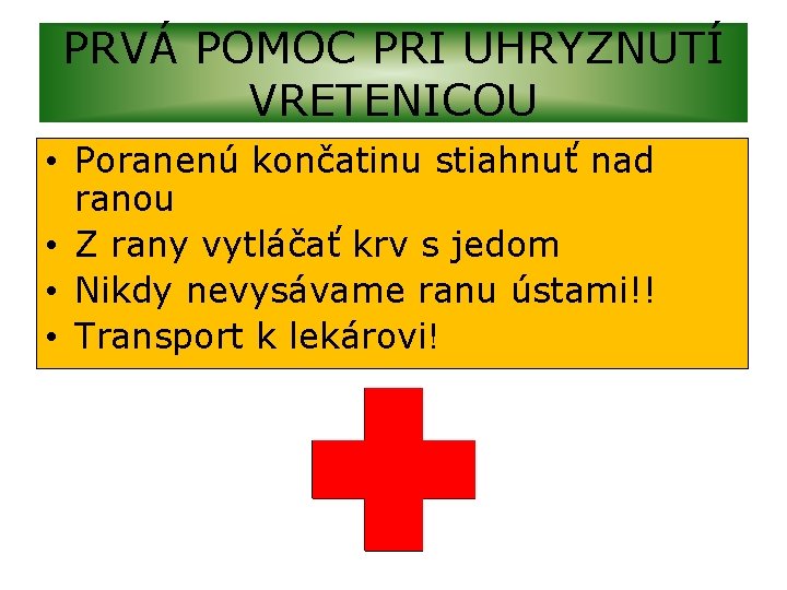 PRVÁ POMOC PRI UHRYZNUTÍ VRETENICOU • Poranenú končatinu stiahnuť nad ranou • Z rany
