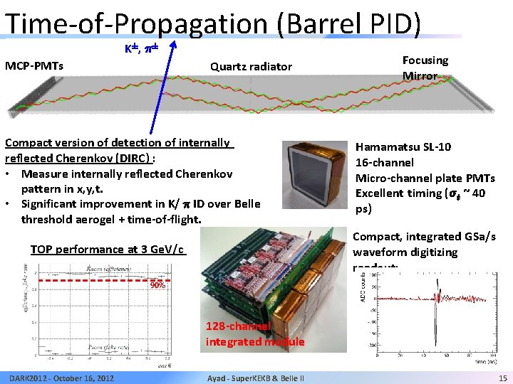 Time-of-Propagation (Barrel PID) K§, ¼§ MCP-PMTs Quartz radiator Compact version of detection of internally