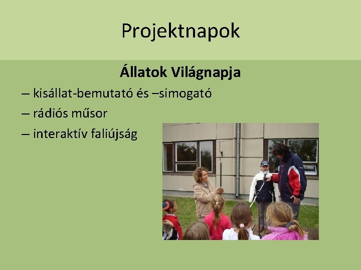 Projektnapok Állatok Világnapja – kisállat-bemutató és –simogató – rádiós műsor – interaktív faliújság 