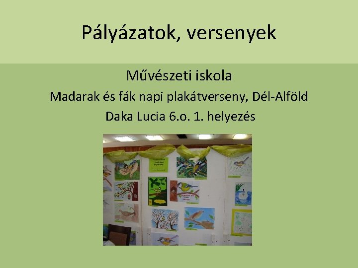 Pályázatok, versenyek Művészeti iskola Madarak és fák napi plakátverseny, Dél-Alföld Daka Lucia 6. o.