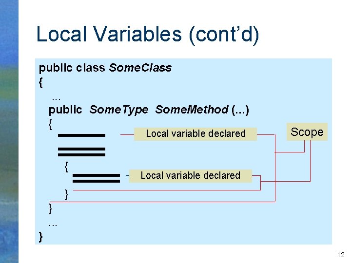 Local Variables (cont’d) public class Some. Class {. . . public Some. Type Some.