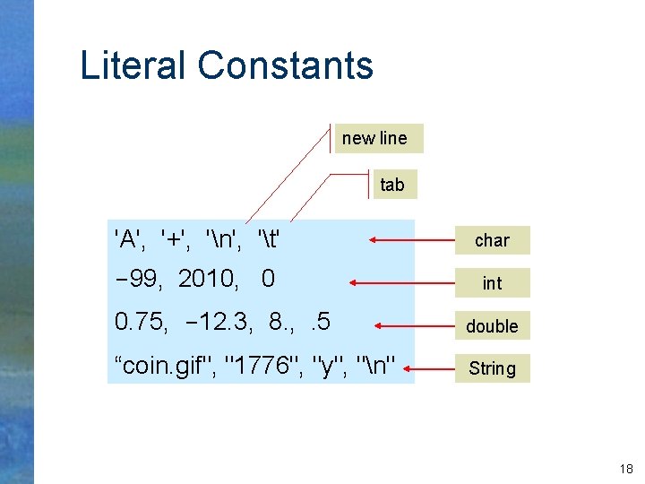 Literal Constants new line tab 'A', '+', 'n', 't' char -99, 2010, 0 int