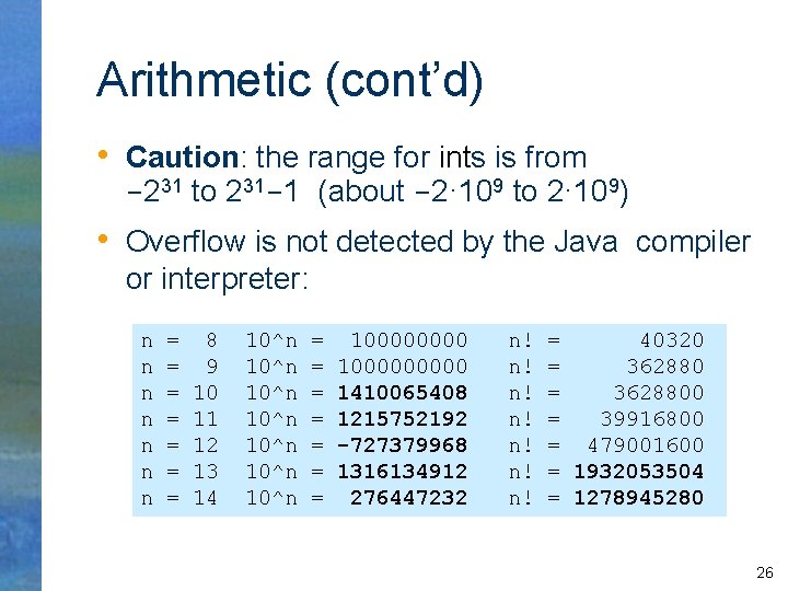 Arithmetic (cont’d) • Caution: the range for ints is from -231 to 231 -1