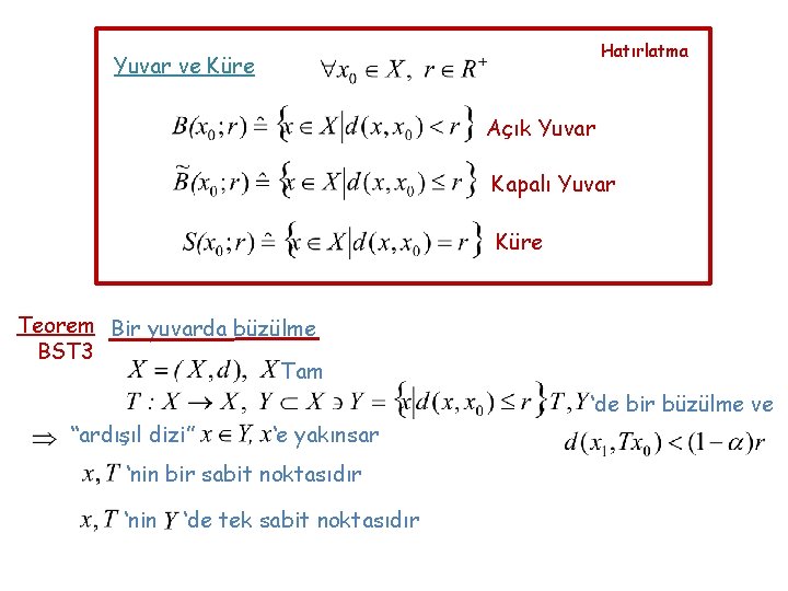 Hatırlatma Yuvar ve Küre Açık Yuvar Kapalı Yuvar Küre Teorem Bir yuvarda büzülme BST