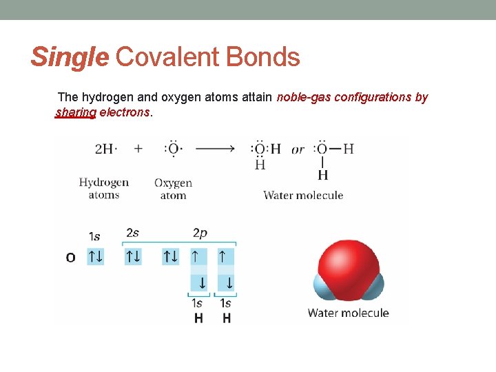 Single Covalent Bonds The hydrogen and oxygen atoms attain noble-gas configurations by sharing electrons.