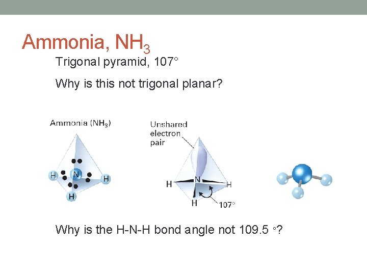 Ammonia, NH 3 Trigonal pyramid, 107° Why is this not trigonal planar? Why is