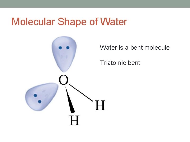 Molecular Shape of Water is a bent molecule Triatomic bent 