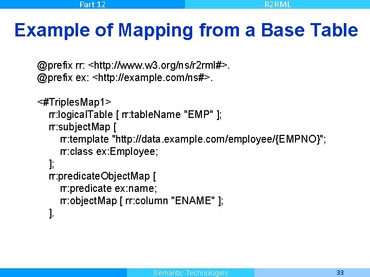 Part 12 R 2 RML Example of Mapping from a Base Table @prefix rr: