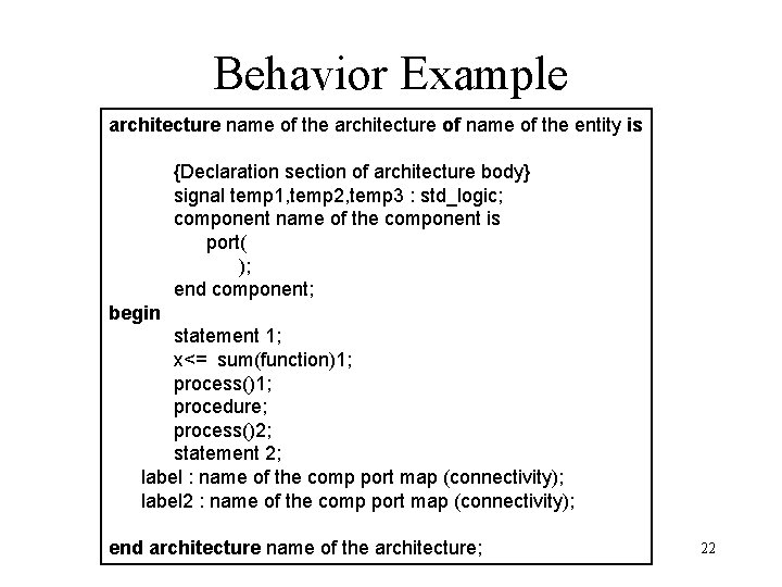 Behavior Example architecture name of the architecture of name of the entity is {Declaration