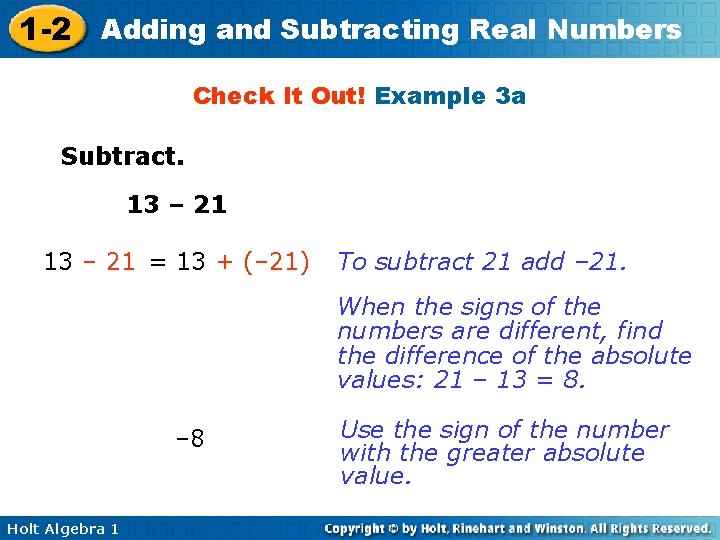 1 -2 Adding and Subtracting Real Numbers Check It Out! Example 3 a Subtract.