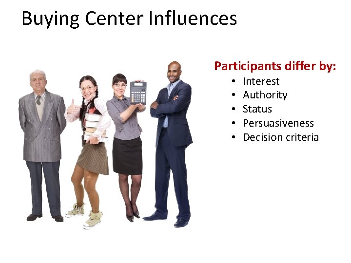 Buying Center Influences Participants differ by: • • • Interest Authority Status Persuasiveness Decision