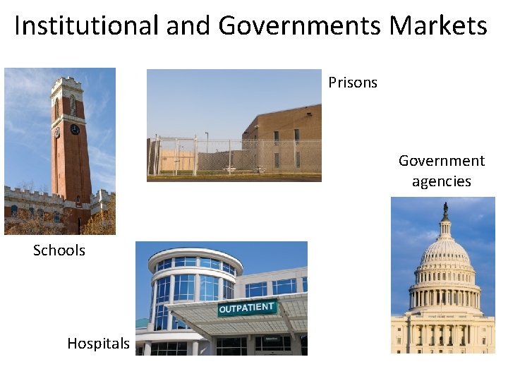 Institutional and Governments Markets Prisons Government agencies Schools Hospitals 