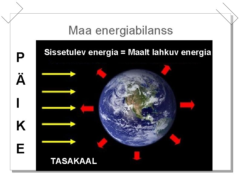 Maa energiabilanss P Sissetulev energia = Maalt lahkuv energia Ä I K E TASAKAAL