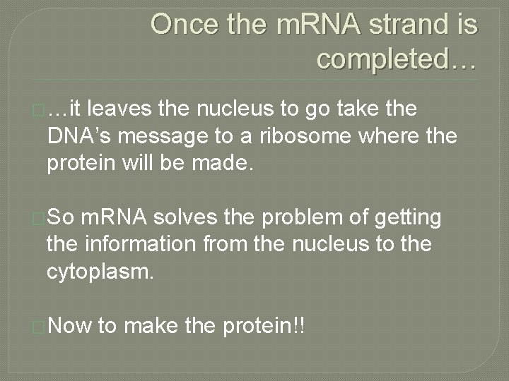 Once the m. RNA strand is completed… �…it leaves the nucleus to go take