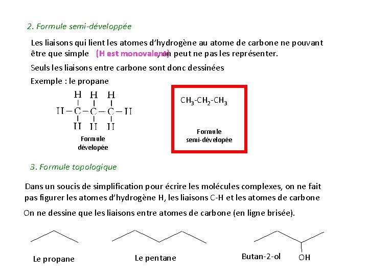 2. Formule semi-développée Les liaisons qui lient les atomes d’hydrogène au atome de carbone