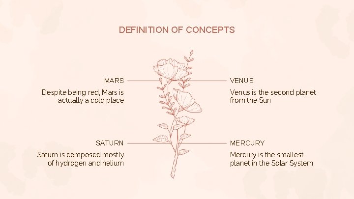 DEFINITION OF CONCEPTS MARS Despite being red, Mars is actually a cold place SATURN