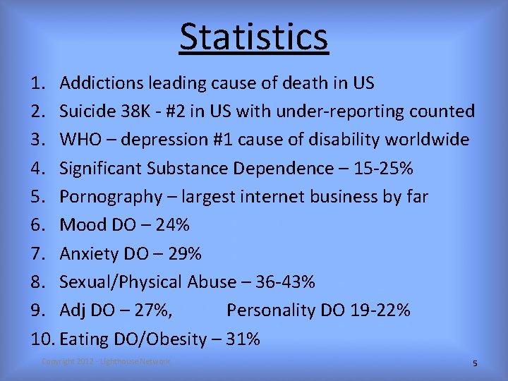 Statistics 1. Addictions leading cause of death in US 2. Suicide 38 K -