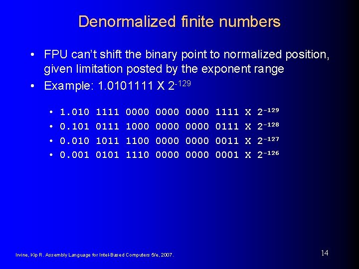 Denormalized finite numbers • FPU can’t shift the binary point to normalized position, given