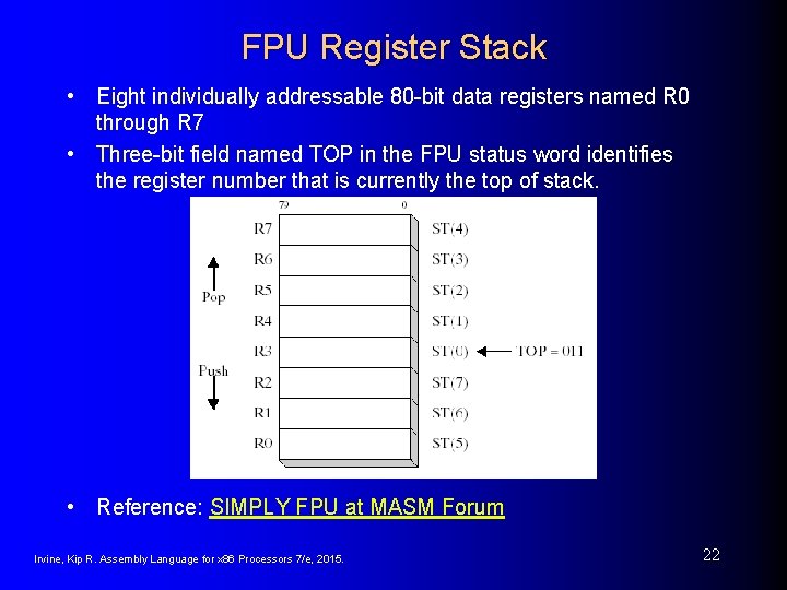 FPU Register Stack • Eight individually addressable 80 -bit data registers named R 0
