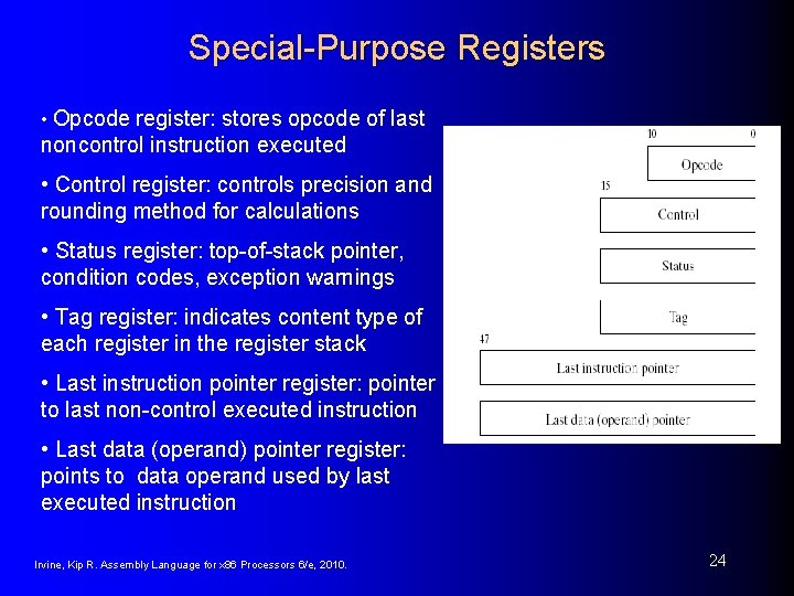 Special-Purpose Registers • Opcode register: stores opcode of last noncontrol instruction executed • Control