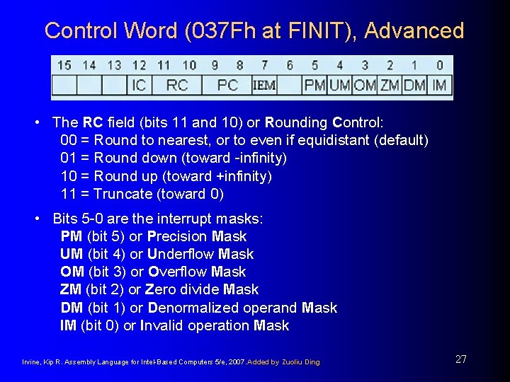 Control Word (037 Fh at FINIT), Advanced • The RC field (bits 11 and