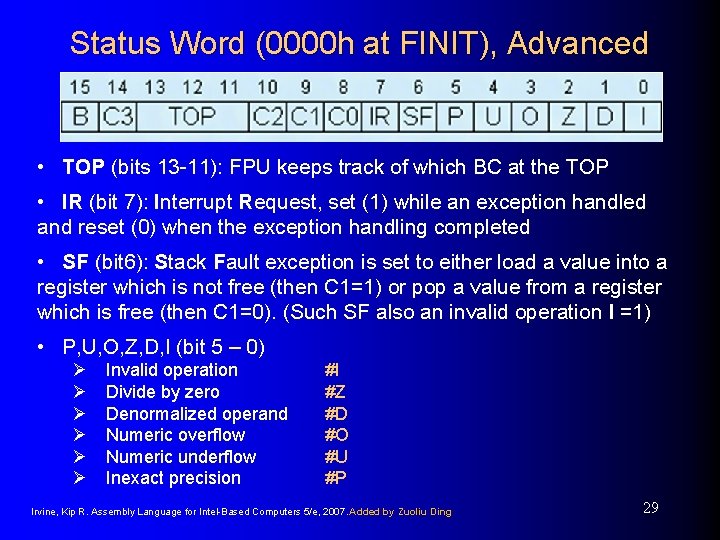 Status Word (0000 h at FINIT), Advanced • TOP (bits 13 -11): FPU keeps