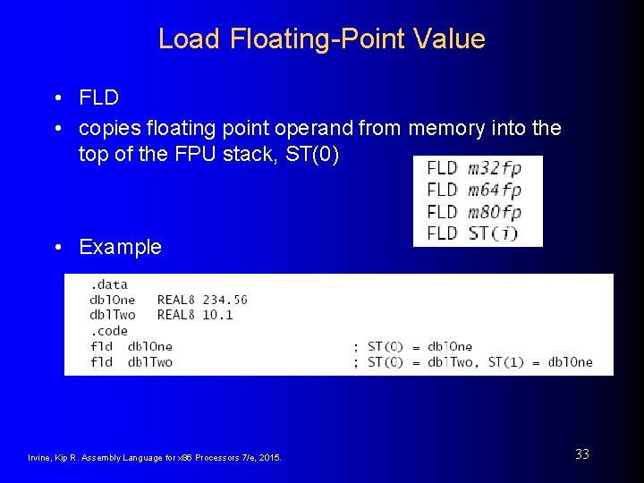 Load Floating-Point Value • FLD • copies floating point operand from memory into the