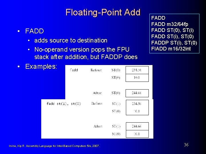 Floating-Point Add • FADD • adds source to destination • No-operand version pops the