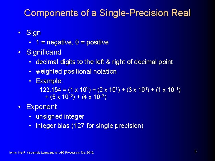 Components of a Single-Precision Real • Sign • 1 = negative, 0 = positive