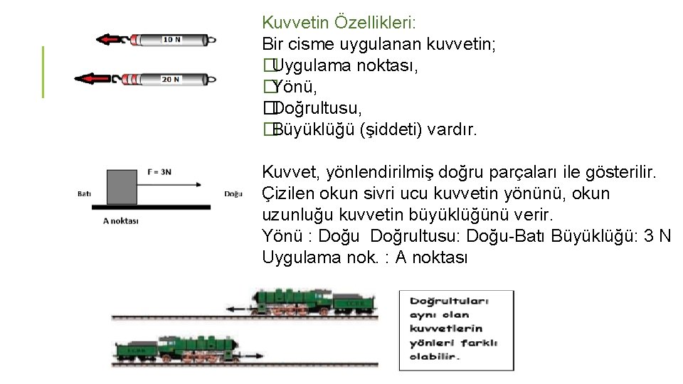 Kuvvetin Özellikleri: Bir cisme uygulanan kuvvetin; �Uygulama noktası, �Yönü, �Doğrultusu, �Büyüklüğü (şiddeti) vardır. Kuvvet,