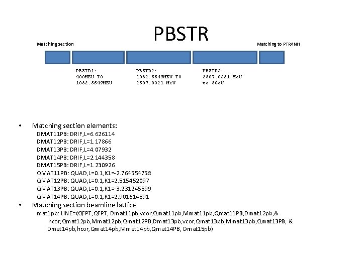 PBSTR Matching section PBSTR 1: 400 MEV TO 1082. 5649 MEV • PBSTR 2: