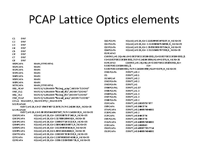 PCAP Lattice Optics elements C 1 DRIF C 2 DRIF C 3 DRIF C