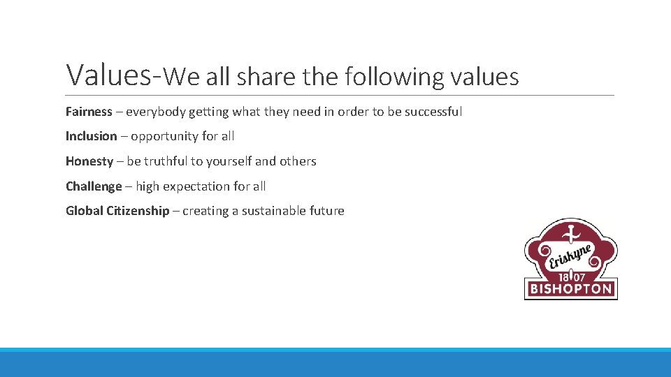 Values-We all share the following values Fairness – everybody getting what they need in