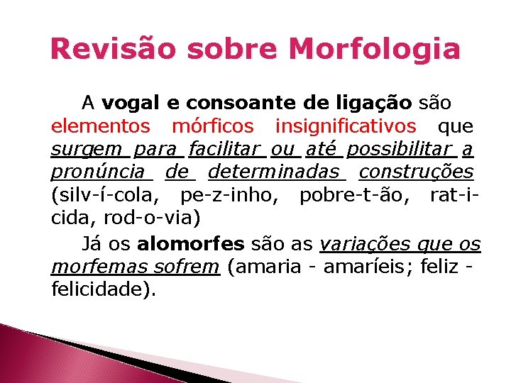 Revisão sobre Morfologia A vogal e consoante de ligação são elementos mórficos insignificativos que