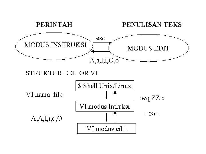 PERINTAH PENULISAN TEKS MODUS INSTRUKSI esc MODUS EDIT A, a, I, i, O, o