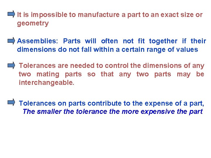 It is impossible to manufacture a part to an exact size or geometry Assemblies: