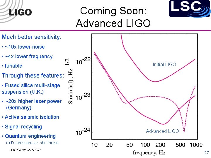 Coming Soon: Advanced LIGO Much better sensitivity: • ~10 x lower noise • ~4