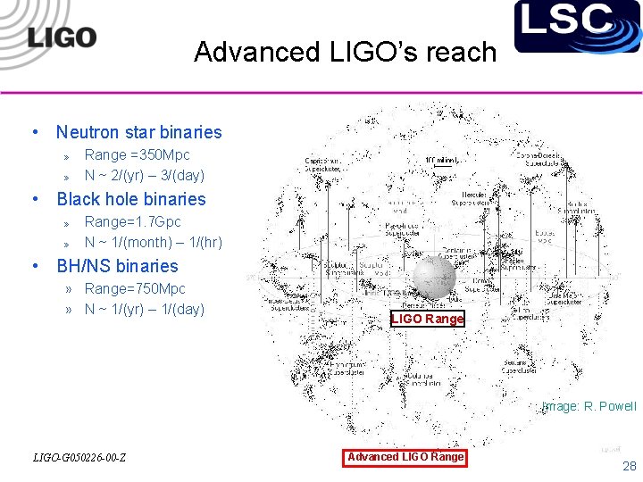Advanced LIGO’s reach • Neutron star binaries » » Range =350 Mpc N ~