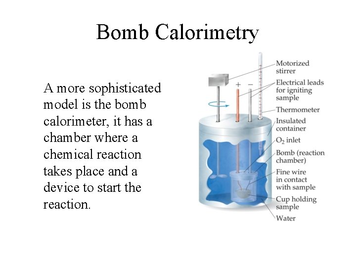 Bomb Calorimetry A more sophisticated model is the bomb calorimeter, it has a chamber