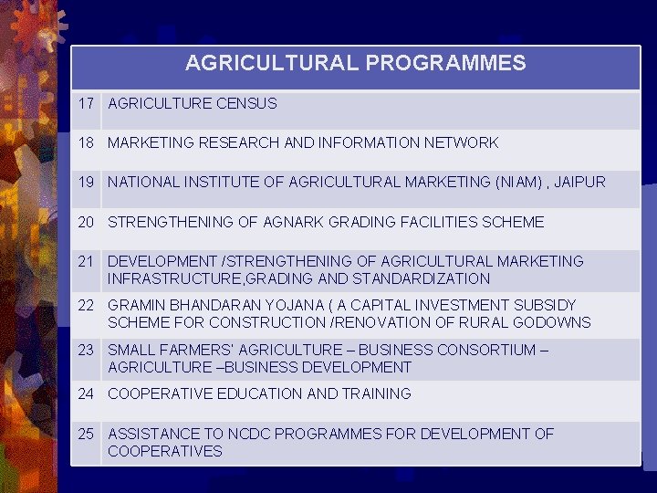 AGRICULTURAL PROGRAMMES 17 AGRICULTURE CENSUS 18 MARKETING RESEARCH AND INFORMATION NETWORK 19 NATIONAL INSTITUTE