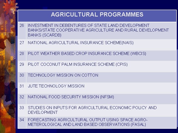 AGRICULTURAL PROGRAMMES 26 INVESTMENT IN DEBENTURES OF STATE LAND DEVELOPMENT BANKS/STATE COOPERATIVE AGRICULTURE AND